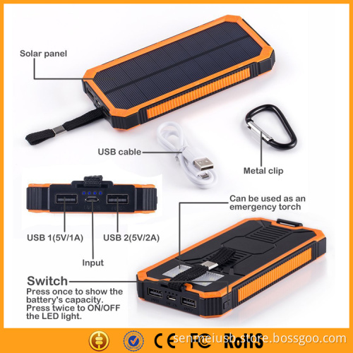 2W Solar Panel 15000mAh Solar Power Bank with Carabiner LED